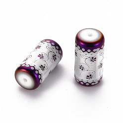 Purple Electroplate Glass Beads, Column with Flower Pattern, Purple, 20x10mm, Hole: 1.2mm, 50pcs/bag