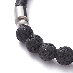Lava Rock Unisex Leather Cord Bracelets, with Natural Lava Rock Round Beads, 304 Stainless Steel Magnetic Clasps and Rondelle Beads, with Cardboard Packing Box, 8-1/8 inch(20.5cm)