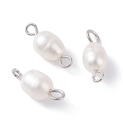 Seashell Color Natural Cultured Freshwater Pearl Bead Links Connectors, with 304 Stainless Steel Findings, Rice, Seashell Color, 15x6mm, Hole: 2mm