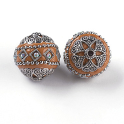 Orange Handmade Indonesia Beads, with Metal Findings, Antique Silver Color Plated, Round, Orange, 20~21x20mm, Hole: 1.8~2mm