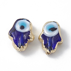 Bleu Perles en laiton, avec l'émail, réel 18 k plaqué or, main hamsa/main de miriam avec le mauvais œil, bleu, 15.5x12x6mm, Trou: 1~1.8mm