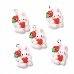 White Resin Pendants, with Platinum Iron Findings, Cute, Rabbit with Strawberry, White, 26.5x17.5x7.5mm, Hole: 2mm