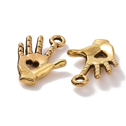Antique Golden Tibetan Style Alloy Pendants, Hand with Hollow Out Heart Charms, Antique Golden, 18.5x12.5x2.5mm, Hole: 1.6mm, about 1136pcs/1000g