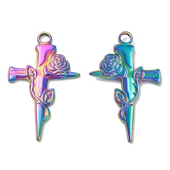 Rainbow Color Ion Plating(IP) 304 Stainless Steel Pendants, Cross with Rose Charm, Rainbow Color, 31.5x19.5x2mm, Hole: 2.6mm