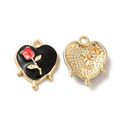 Black Rack Plating Alloy Enamel Pendants, Golden, Melting Heart with Rose Charm, Black, 19x15x4mm, Hole: 1.8mm
