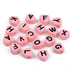 Pink Opaque Acrylic Enamel Beads, Horizontal Hole, Heart with Mixed Black Letters, Pink, 7x7x4mm, Hole: 1.5mm, about 3600pcs/500g