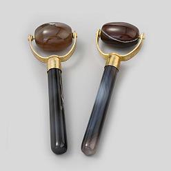 Black Natural Agate Brass Massage Tools, Facial Roller for Skin, Eyes, Neck, Raw(Unplated), Black, 107x35x18mm