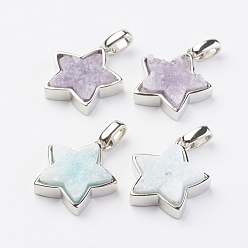 Mixed Color Electroplated Natural Druzy Quartz Pendants, with Brass Findings, Star, Platinum, Mixed Color, 16.5x15x4~5mm, Hole: 2x3mm