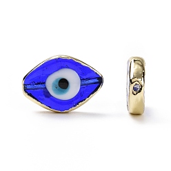 Bleu Perles lampwork, perles au chalumeau, faits à la main, avec les accessoires en laiton plaqués or, sans cadmium et sans plomb, oeil de cheval avec mauvais oeil, bleu, 14x20x4.5mm, Trou: 1.4mm
