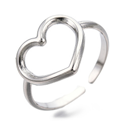 Stainless Steel Color 304 Stainless Steel Hollow Heart Cuff Rings, Open Rings for Women Girls, Stainless Steel Color, US Size 7(17.5mm)