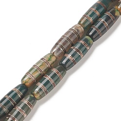 Striped Pattern Brins de perles dzi motif rayé de style tibétain, perles en agate naturelles, teints et chauffée, ovale / oblongue, vert foncé, 31~33x12~12.5mm, Trou: 2~2.5mm, Environ 10 pcs/chapelet, 14.5 pouce (37 cm)