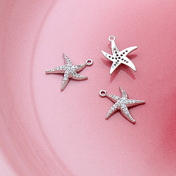 Starfish Brass Rhinestone Pendants, Platinum, Starfish, 16x13mm