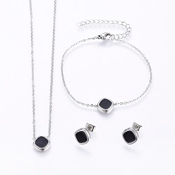 Stainless Steel Color 304 Stainless Steel Jewelry Sets, Pendant Necklaces & Stud Earrings & Bracelets, with Enamel, Square, Stainless Steel Color, 16.93 inch(43cm), 7-1/8 inch(18cm), 11x11x2.5mm, Pin: 0.8mm