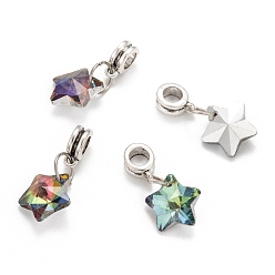 Colorful Tibetan Style Alloy Large Hole European Dangle Charms, with Electroplated Glass Star Charms, Antique Silver, 26mm, Hole: 5mm