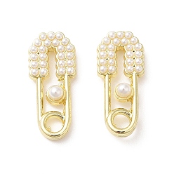 Golden Alloy Stud Earring Findings, with Plastic Pearl Beaded & 925 Sterling Silver Pins & Horizontal Loops, Safety Pin Shape, Golden, 19.5x8.5x3.5mm, Hole: 3mm, Pin: 0.6mm