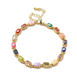 Coloré Bracelet chaîne à maillons rectangulaires en émail mauvais œil et zircone cubique, bijoux en laiton doré pour femme, colorées, 7-1/4 pouce (18.5 cm)