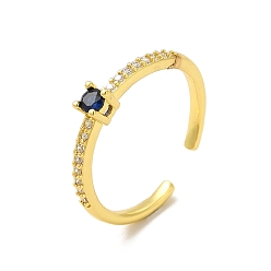 Blue Cubic Zirconia Open Cuff Ring, Rack Plating Real 18K Gold Plated Brass Jewelry for Women, Lead Free & Cadmium Free, Blue, US Size 3, Inner Diameter: 14mm, 2~3.5mm