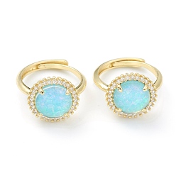 Turquoise Synthetic Opal Adjustable Rings, with Brass Micro Pave Cubic Zirconia Findings, Oval, Real 18K Gold Plated, Turquoise, Inner Diameter: 17x18mm