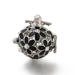 Black Alloy Crystal Rhinestone Bead Cage Pendants, Hollow Flower Charm, with Enamel, for Chime Ball Pendant Necklaces Making, Platinum, Black, 34mm, Hole: 6x3mm, Bead Cage: 26x25x21mm, 18mm Inner Size
