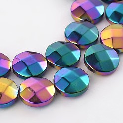 Multi-color Plated Electroplate Non-magnetic Synthetic Hematite Flat Round Bead Strands, Faceted, Multi-color Plated, 10x4mm, Hole: 1mm, about 37pcs/strand, 15.35 inch