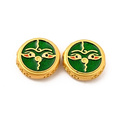 Green Alloy Beads, with Enamel, Golden, Flat Round with God of Wealth & Eye, Green, 13~13.5x4.5mm, Hole: 2mm