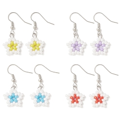 Mixed Color Glass Beaded Star Dangle Earrings, Brass Earrings, Mixed Color, 35x15mm