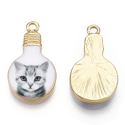 Cat Shape Printed Alloy Enamel Pendants, Lead Free & Nickel Free & Cadmium Free, Light Gold, Light Bulb Charm, Cat Pattern, 22x12x2.5mm, Hole: 1.8mm