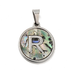 Letter R 304 Stainless Steel with Paua Shell Pendants, Stainless Steel Color, Flat Round with Letter Charm, Letter.R, 18x16x1.5mm, Hole: 3x6mm