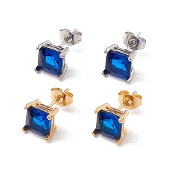 Medium Blue 6 Pairs Tiny Cubic Zirconia Square Stud Earrings, 304 Stainless Steel Jewelry for Women, Mixed Color, Medium Blue, 8x8mm, Pin: 0.7mm