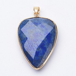 Lapis Lazuli Couvertures de lapis lazuli naturelles facettées, avec les accessoires en laiton de tonalité d'or, larme, 40x27x7~9mm, Trou: 4x5mm