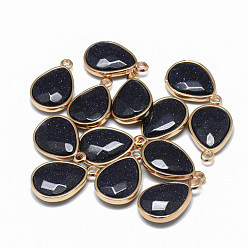 Blue Goldstone Synthetic Blue Goldstone Pendants, with Golden Tone Brass Findings, Faceted, teardrop, 23x14~15x6~7mm, Hole: 2mm