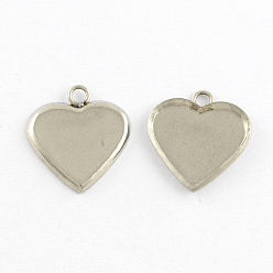 Stainless Steel Color Heart Stainless Steel Cabochon Settings Pendants, Stainless Steel Color, Tray: 13x13mm, 14x13x1mm, Hole: 2mm