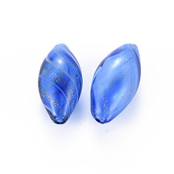 Dodger Blue Transparent Handmade Blown Glass Globe Beads, with Glitter Powder, Stripe Pattern, Rice, Dodger Blue, 25~27x12~13mm, Hole: 1~2mm