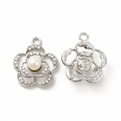Platinum ABS Plastic Imitation Pearl Pendants, with Alloy Findings, Flower Charm, Platinum, 22.5x18.5x7.5mm, Hole: 2.5mm