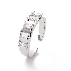 Platinum Clear Cubic Zirconia Rectangle Open Cuff Ring, Brass Jewelry for Women, Platinum, Inner Diameter: 17mm