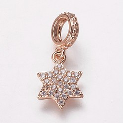 Rose Gold Brass Cubic Zirconia European Dangle Charms, Large Hole Pendants, Star, Clear, Rose Gold, 18.5mm, Hole: 4.5mm, Pendant: 11.5x9.5x1.5mm