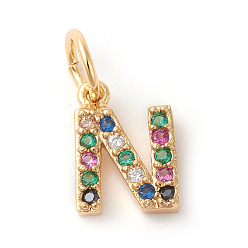 Letter N Brass Micro Pave Colorful Cubic Zirconia Charms, Golden, Letter.N, 9x6.5x2mm, Hole: 3mm