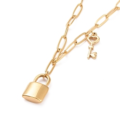 Golden 304 Stainless Steel Padlock and Skeleton Key Pendant Necklace for Women, Golden, 17.91 inch(45.5cm)