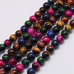 Mixed Color Natural Tiger Eye Beads Strands, Round, Dyed, Mixed Color, 6mm, Hole: 1mm, about 63pcs/strand, 14.96 inch(38cm)