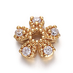 Doré  Laiton micro pavé capuchon de perles de zircon cubique, 5 pétales, fleur, clair, or, 8x8x3mm, Trou: 1.4mm