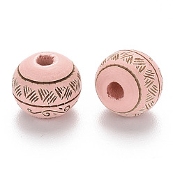 Pink Painted Natural Wood Beads, Laser Engraved Pattern, Round with Leave Pattern, Pink, 10x9mm, Hole: 2.5mm