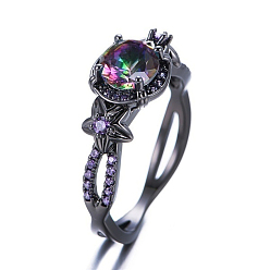 Bronce de cañón Coloridos diamantes de imitación redondos planos con anillos de dedo de flores, joyas de aleación para mujer, gunmetal, tamaño de EE. UU. 6 (16.5 mm)
