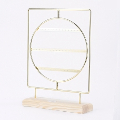 Golden Rotating Iron 3-Tier Earring Display Stand, for Hanging Dangle Earring, with Wooden Pedestal, Golden, 25.2x34.2x7.3cm