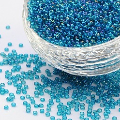 Turquoise Moyen 12/0 grader des perles de rocaille en verre rondes, couleurs transparentes arc, turquoise moyen, 12/0, 2x1.5mm, Trou: 0.9mm, environ 30000 pcs / sachet 