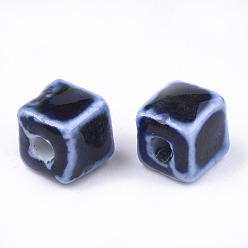 Dark Blue Handmade Porcelain Beads, Fancy Antique Glazed Porcelain, Cube, Dark Blue, 8x7.5~8x7.5~8mm, Hole: 1.5~2mm