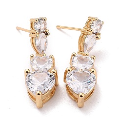 Real 18K Gold Plated Heart Sparkling Cubic Zirconia Dangle Stud Earrings for Her, Brass Micro Pave Cubic Zirconia Earrings, Real 18K Gold Plated, 29x9x6mm, Pin: 0.8mm