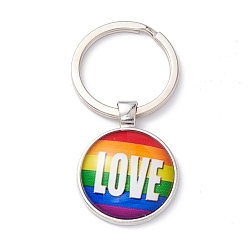 Word Pride Style Glass Keychain, with Platinum Plated Alloy Findings, Flat Round, Word, 6.2cm