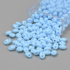Bleu Ciel Foncé Perles de rocaille 2 trous, perles de verre tchèques, ovale, bleu profond du ciel, 5x3~3.5x2.5~3mm, trou: 0.5 mm, environ 194 / boîte, poids net: 10g / boîte