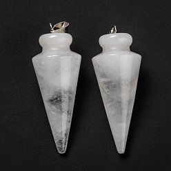 Cristal de Quartz Pendeloques de cristal de quartz naturel, pendentifs en cristal de roche, avec les accessoires en laiton de platine, cône, 40~44x15~16mm, Trou: 3x7mm