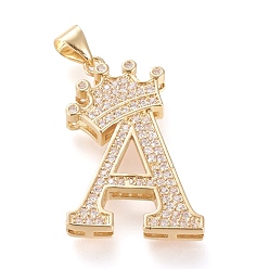Letter A Brass Micro Pave Cubic Zirconia Pendants, Long-Lasting Plated, with Snap on Bail, Letter.A with Crown, Real 18K Gold Plated, Clear, Letter.A, A: 27x18x4mm, Hole: 3x4mm